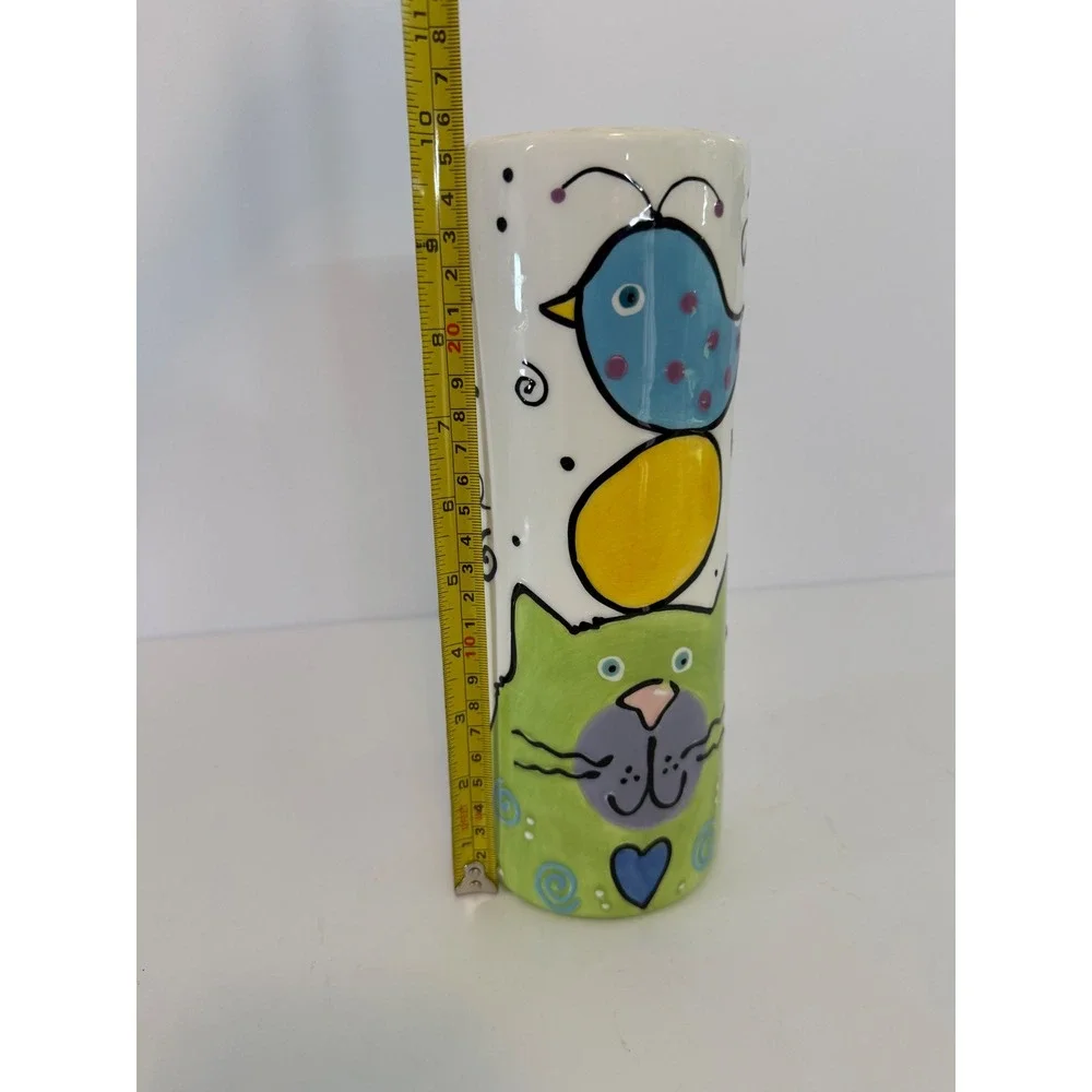Lotus Ceramic Cat and Bird Whimsical Cylinder Vase 10 Inch Hand Painted